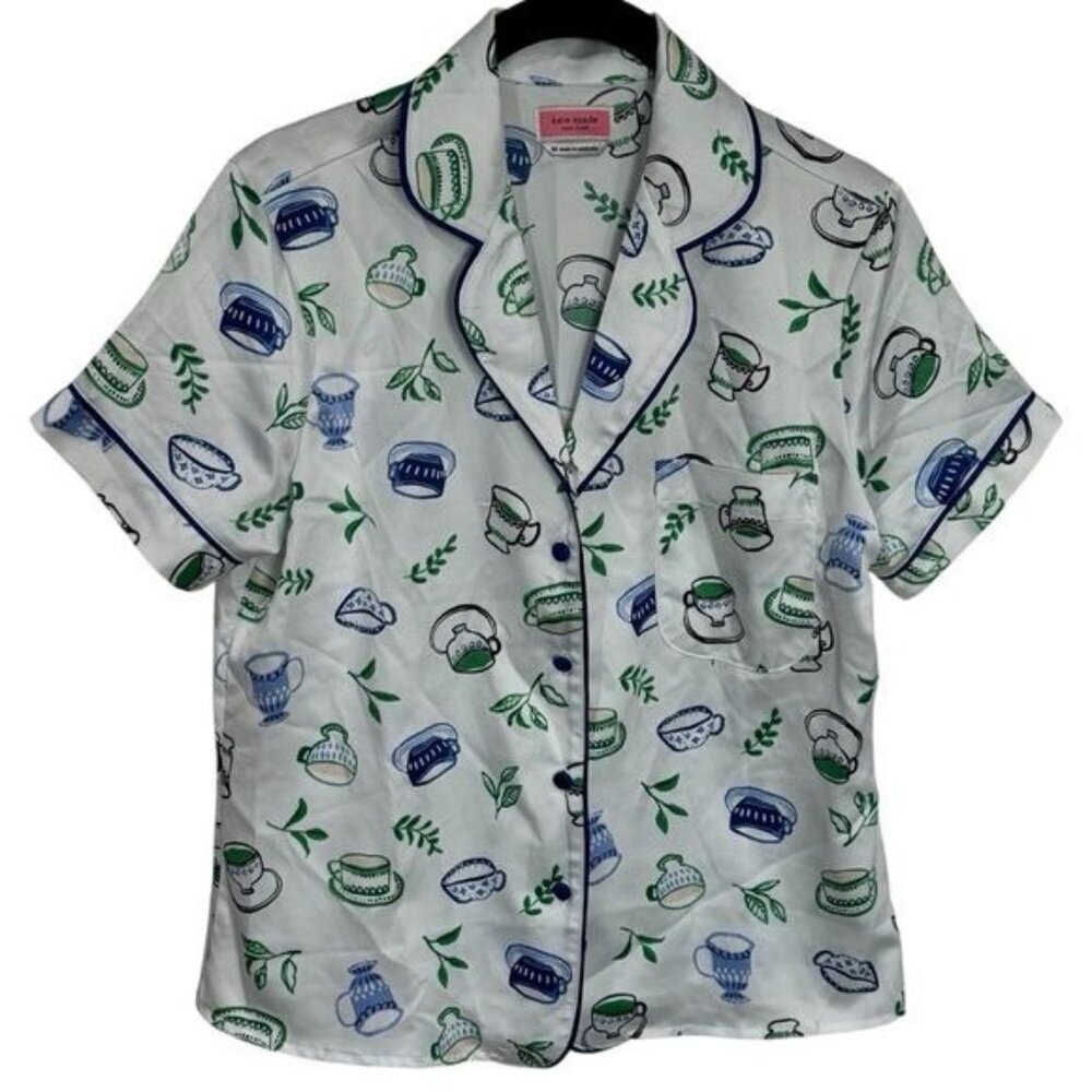Kate‎ Spade Blue Green Novelty Coffee Print Satin Pajama Top Cozy Feminine XS - Picture 2 of 10
